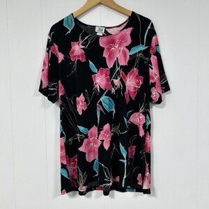 Vintage Jostar Blouse Womens XL Black Colorful Floral 3/4 Sleeve Tunic Top USA